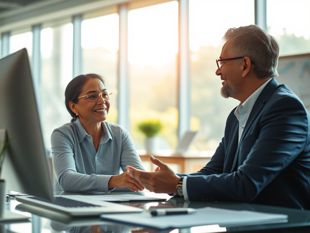 business meeting in modern office with two professionals talking   dr krishna athal