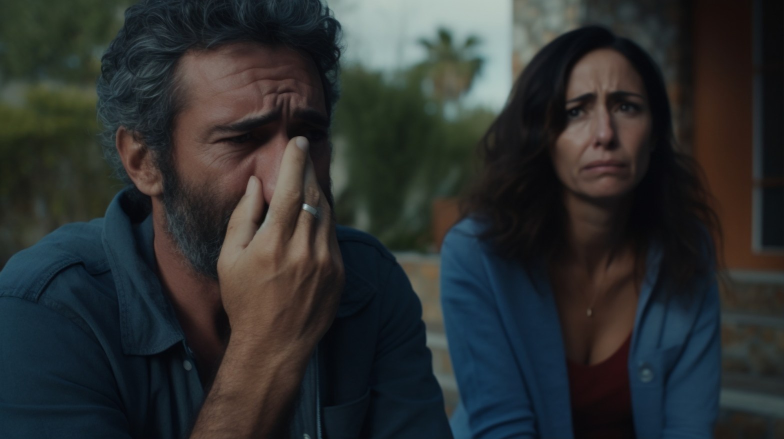 man and woman sitting outside looking thoughtful and concerned   dr krishna athal