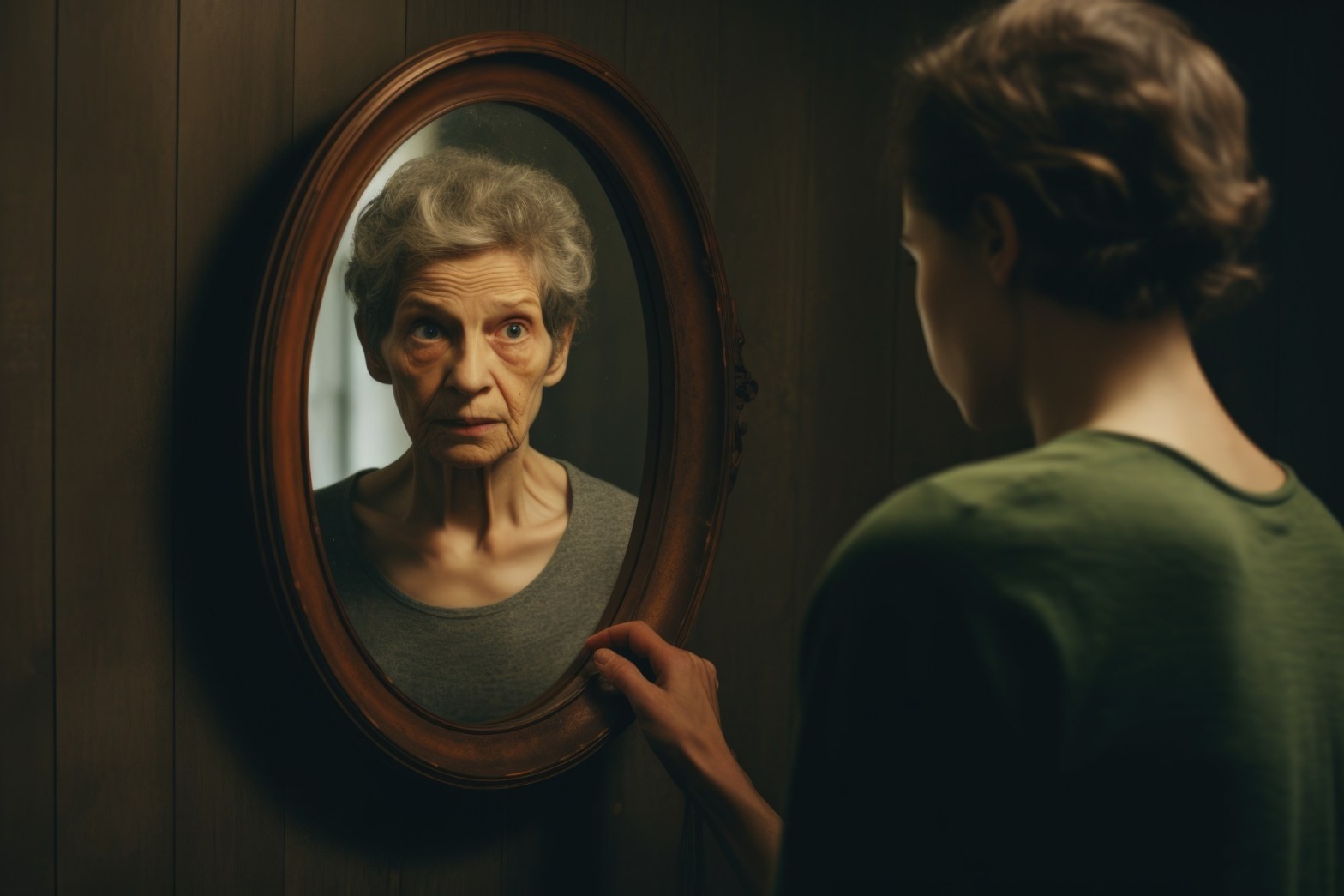 person gazing into a vintage mirror reflecting elderly visage dr krishna athal person gazing into a vintage mirror reflecting elderly visage dr krishna athal