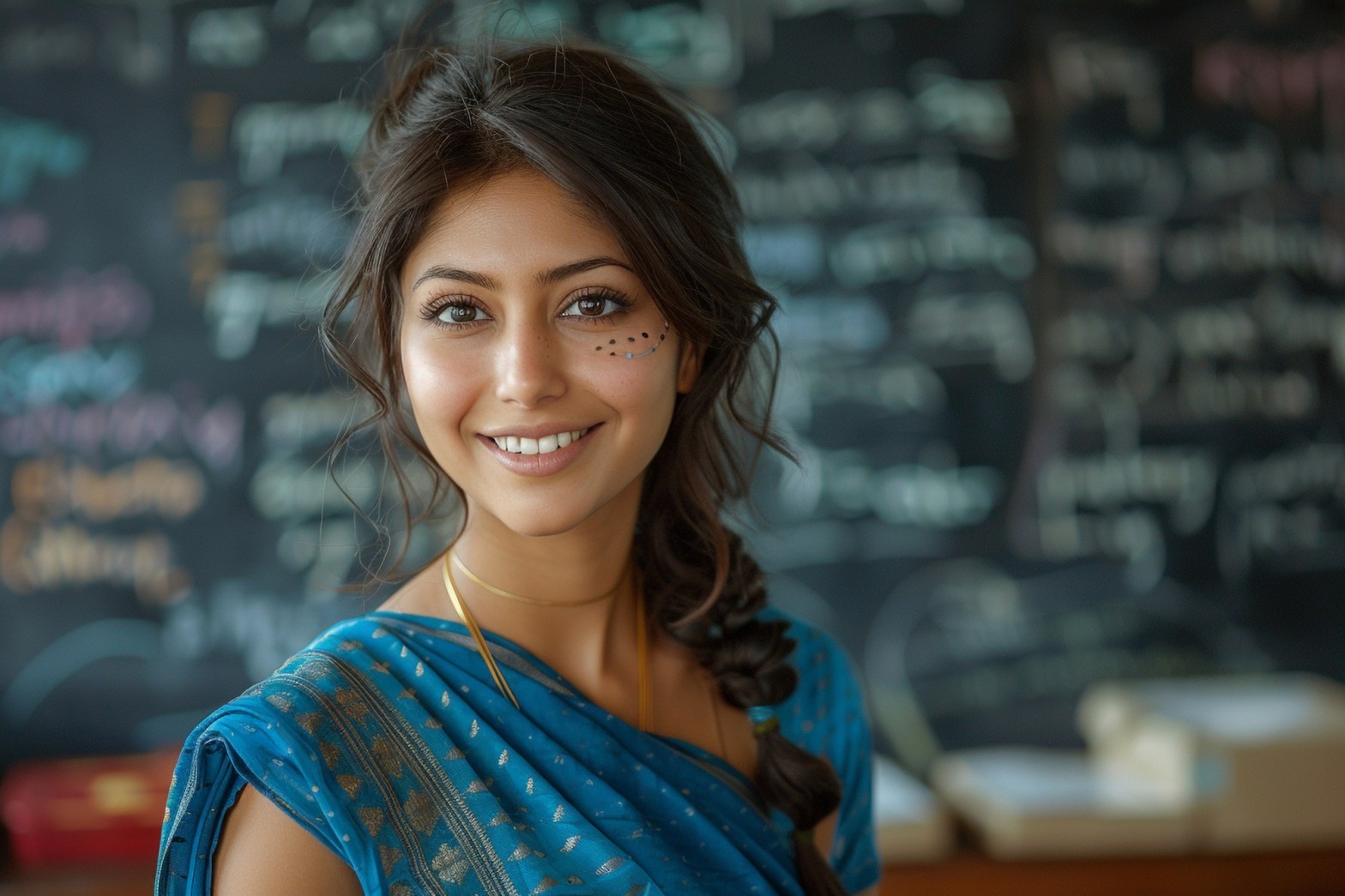 smiling woman in traditional attire with chalkboard background   dr krishna athal