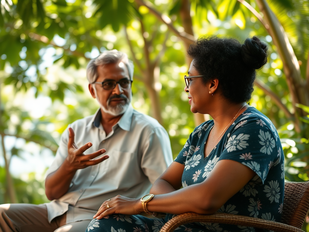 elderly couple enjoying a conversation in a lush garden setting   dr krishna athal