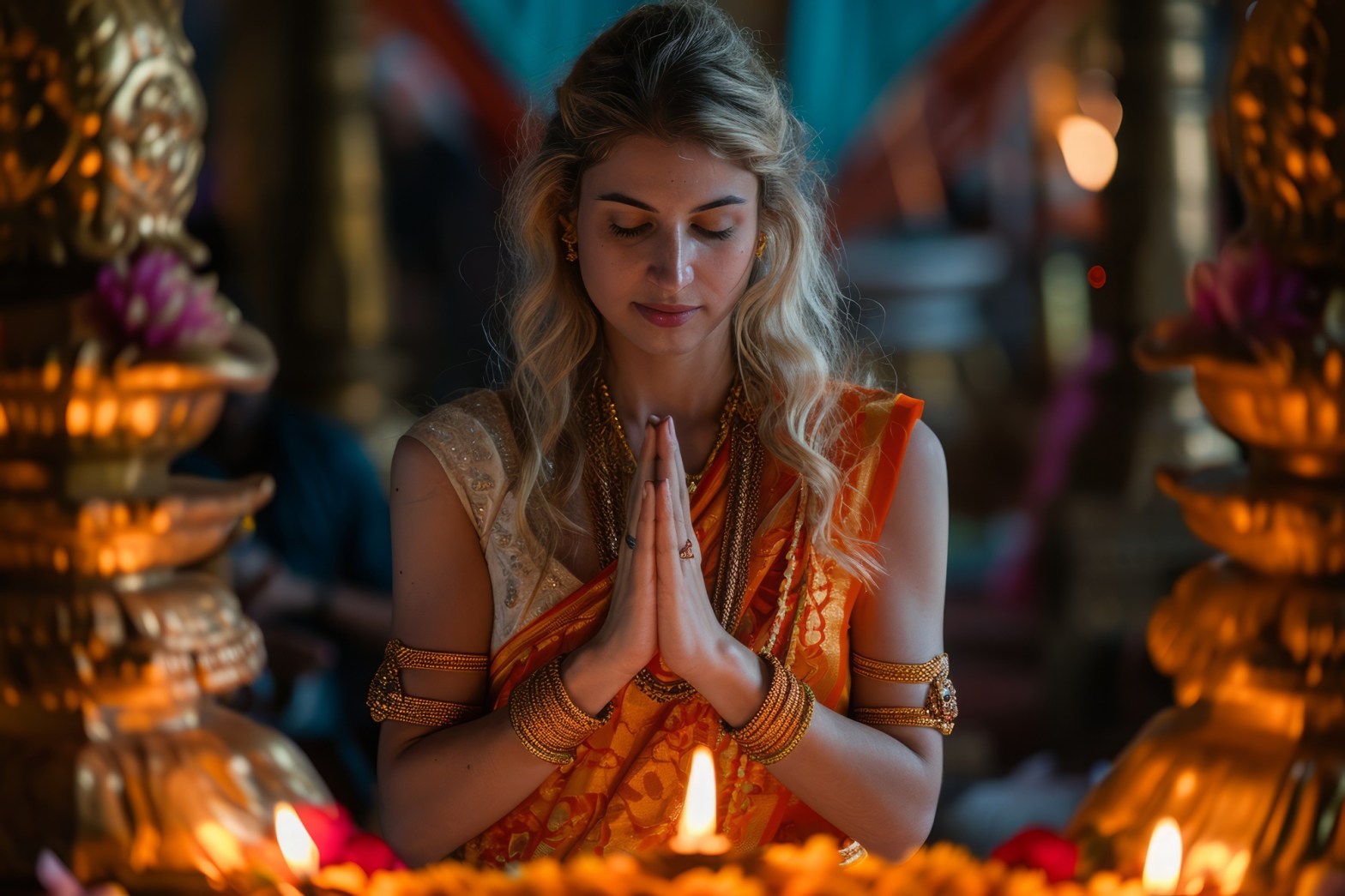 woman meditating in traditional attire among altar candles   dr krishna athal