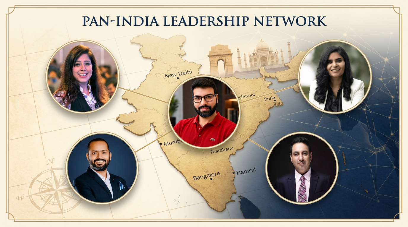 Collage of five famous life coaches in India on a vintage map with New Delhi, Mumbai and Bangalore marked