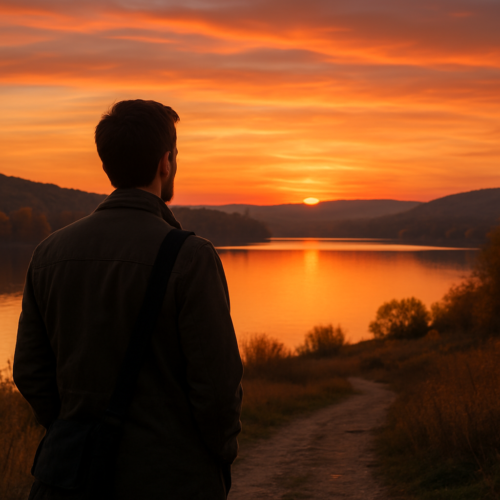 turning pain into purpose carrying her in my heart even if shes not mine dr krishna athal man enjoying a beautiful sunset by a peaceful lakeside path dr krishna athal