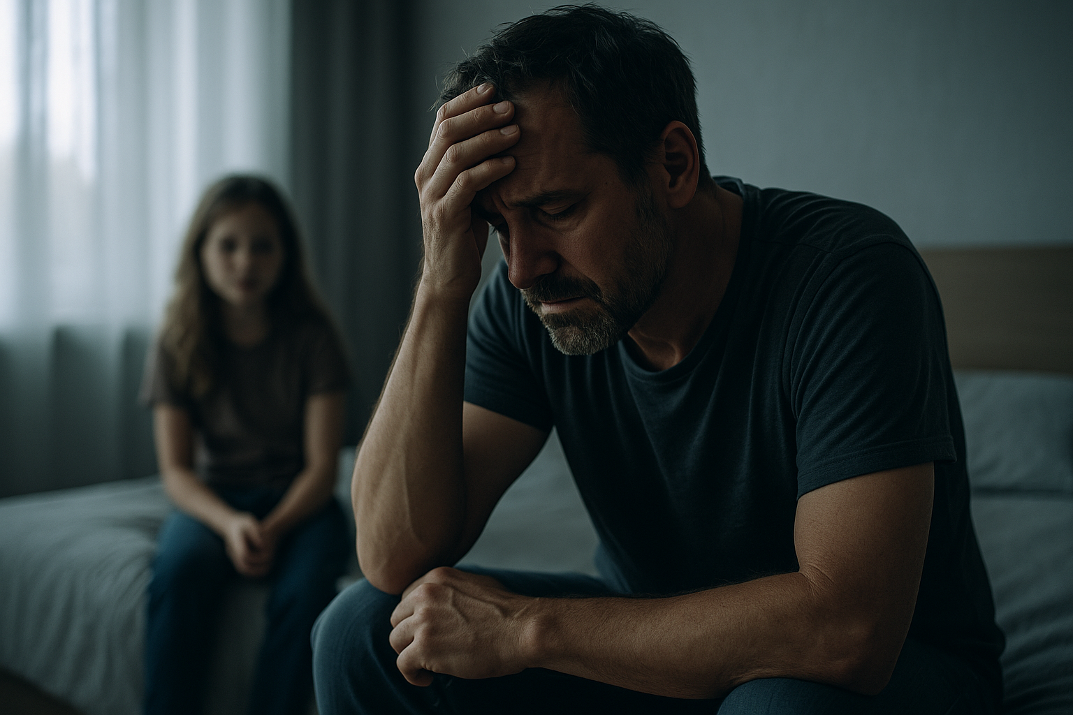 when a father loses his daughter after divorce the silent grief men carry dr krishna athal stressed father sitting on bed with worried daughter nearby dr krishna athal