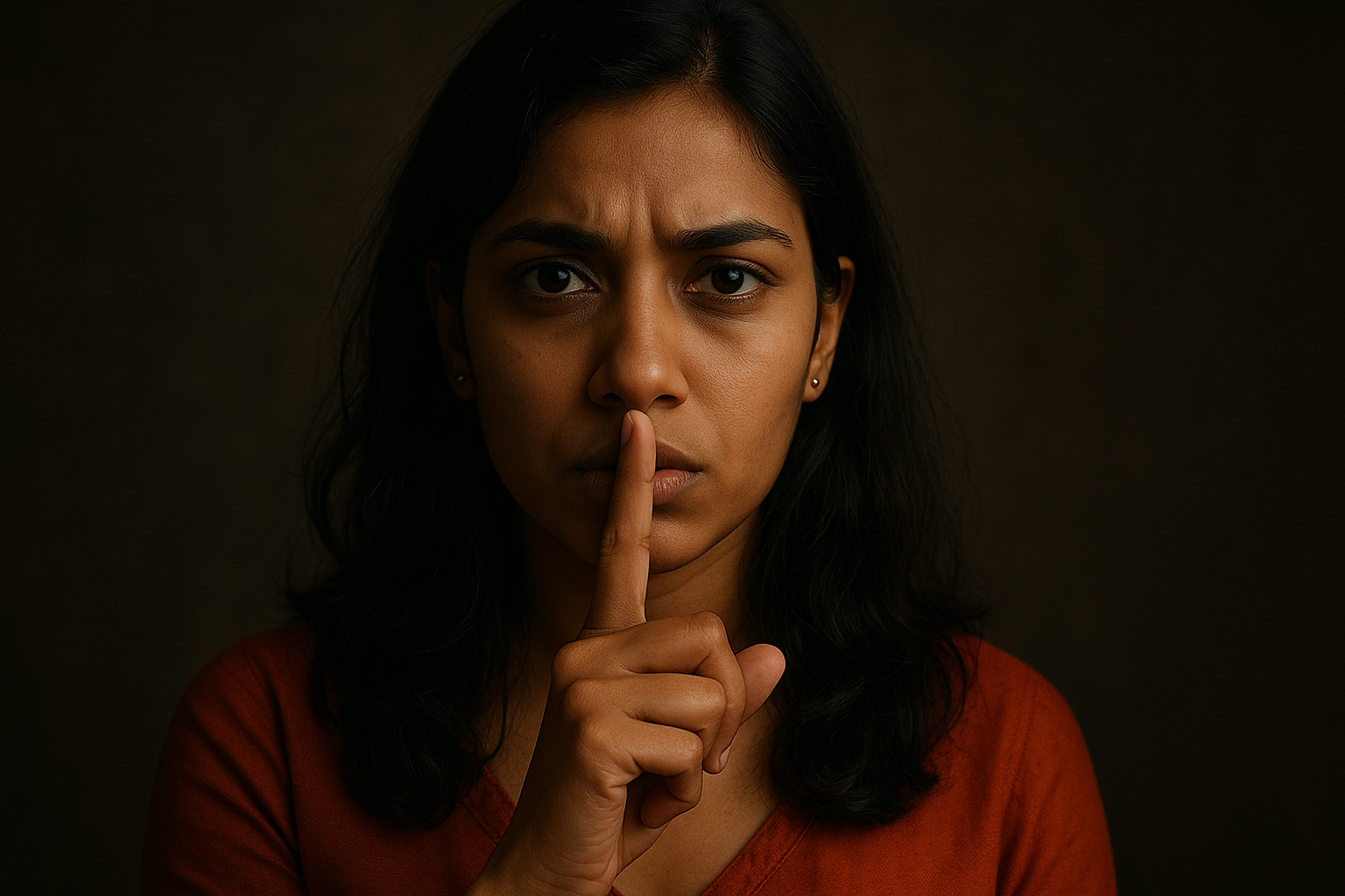 woman making a shushing gesture in a dimly lit setting   dr krishna athal
