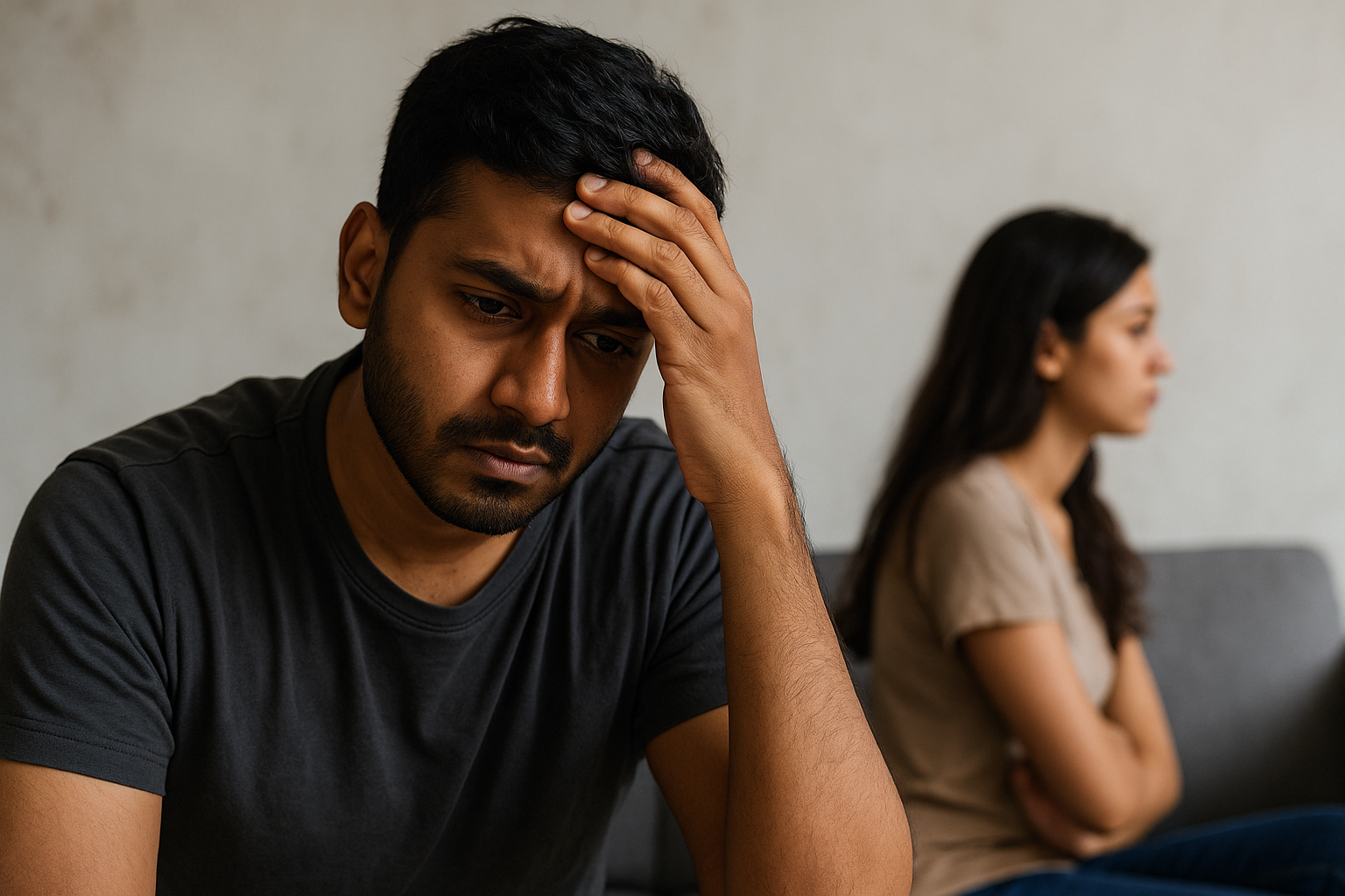 man and woman sitting apart with emotional tension   dr krishna athal