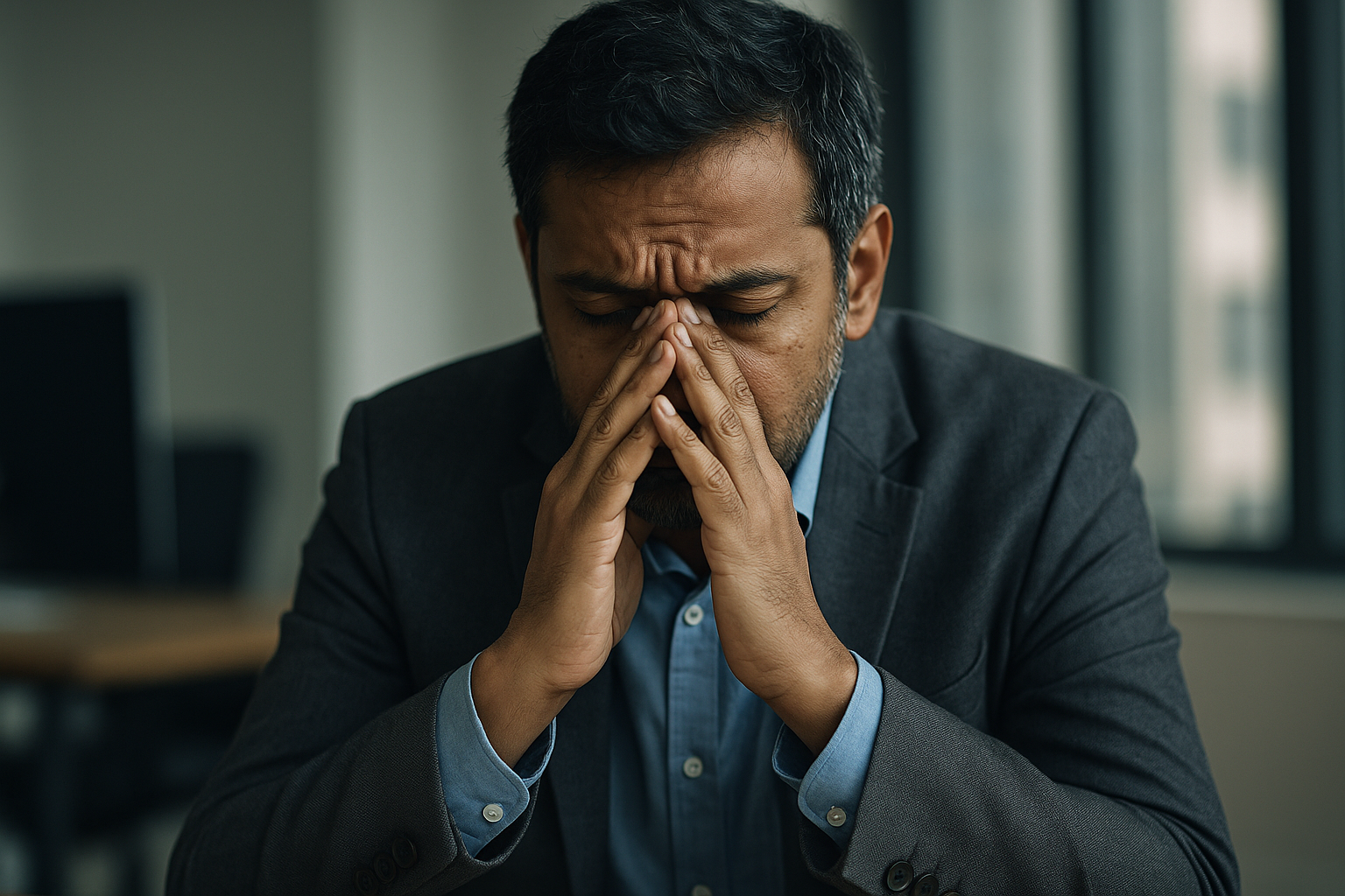 the existential fear of obsolescence how leaders wrestle with irrelevance in the age of ai and youth dr krishna athal stressed businessman sitting in office looking down thoughtfully dr krishna athal