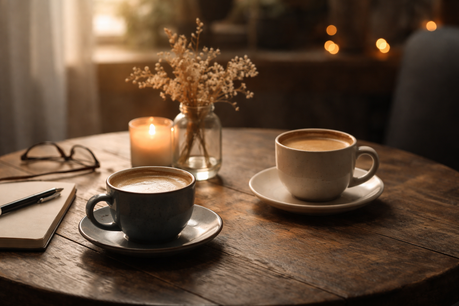 conversational silence why pauses scare us and how to stop filling them dr krishna athal warm café table with two cups of coffee a lit candle notebook and glasses symbolising conversational silence and thoughtful pauses dr krishna athal