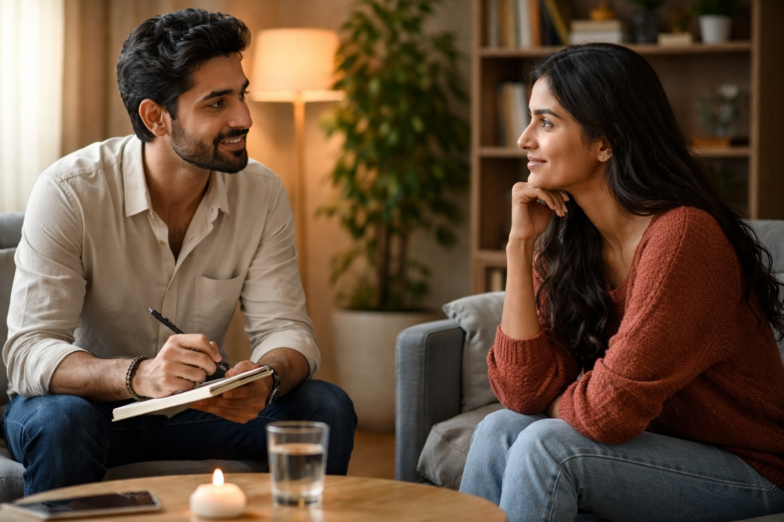 falling in love with your coach what it means why it happens and what to do next dr krishna athal north indian male coach listening attentively to a north indian female coachee during a one to one coaching session in a calm modern coaching room dr krishna athal