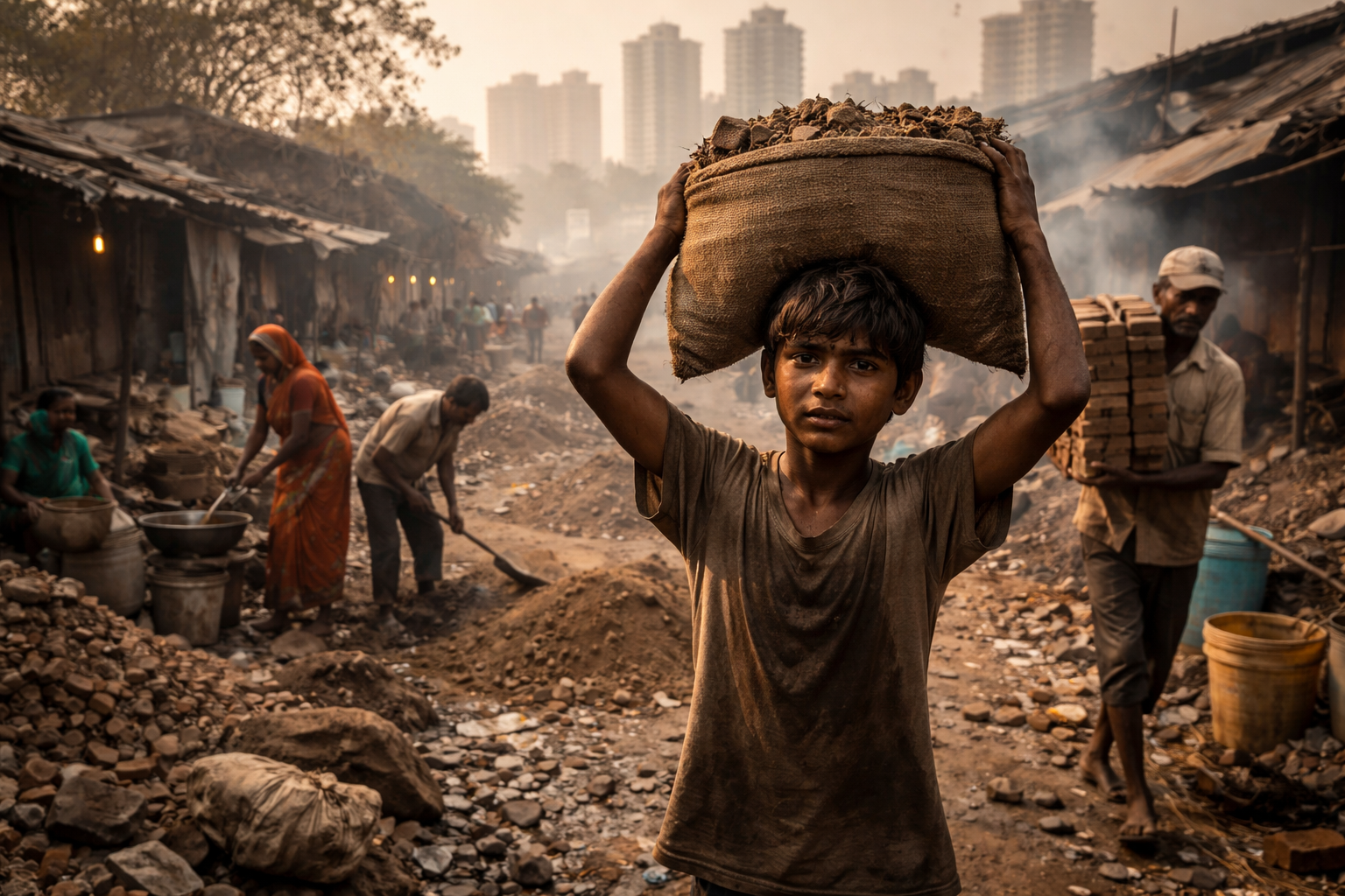 photorealistic scene of indias poverty economy showing a young labourer carrying a heavy sack in a slum lane with workers and distant high rise buildings in the background   dr krishna athal