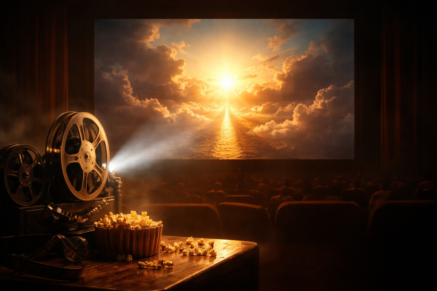 vintage film projector casting a bright beam onto a large cinema screen showing a golden sunset path through clouds with a film reel and popcorn in the foreground   dr krishna athal