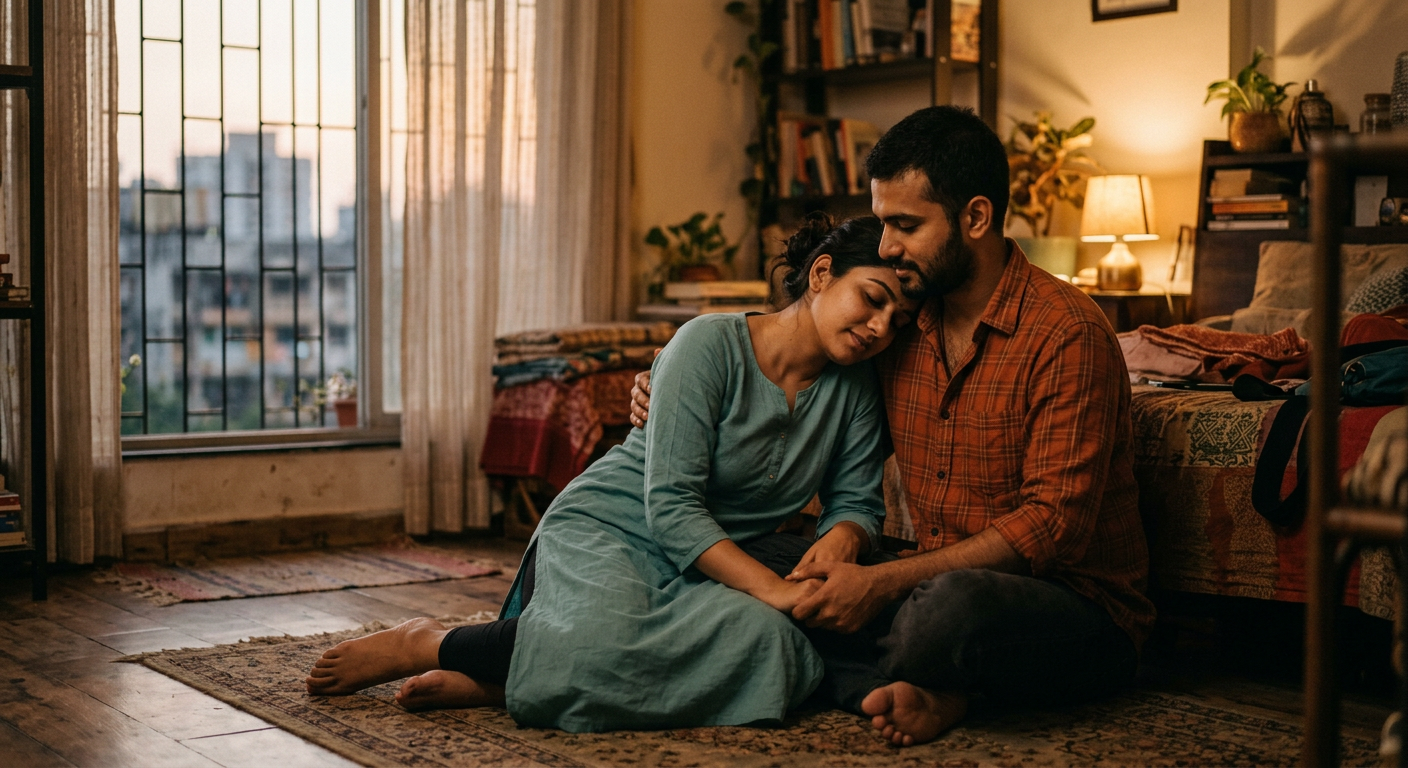 Indian couple embracing at dusk in a Mumbai flat, evoking Tu Hai Toh Dil Dhadakta Hai lyrics meaning and emotional dependence
