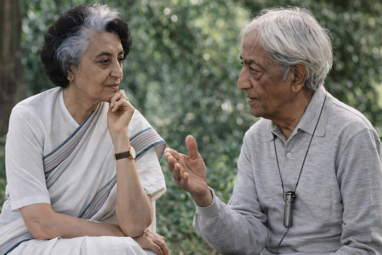 indira gandhi and j krishnamurti in a calm outdoor conversation reflecting the timeless value of life coaching self awareness and leadership clarity in india   dr krishna athal