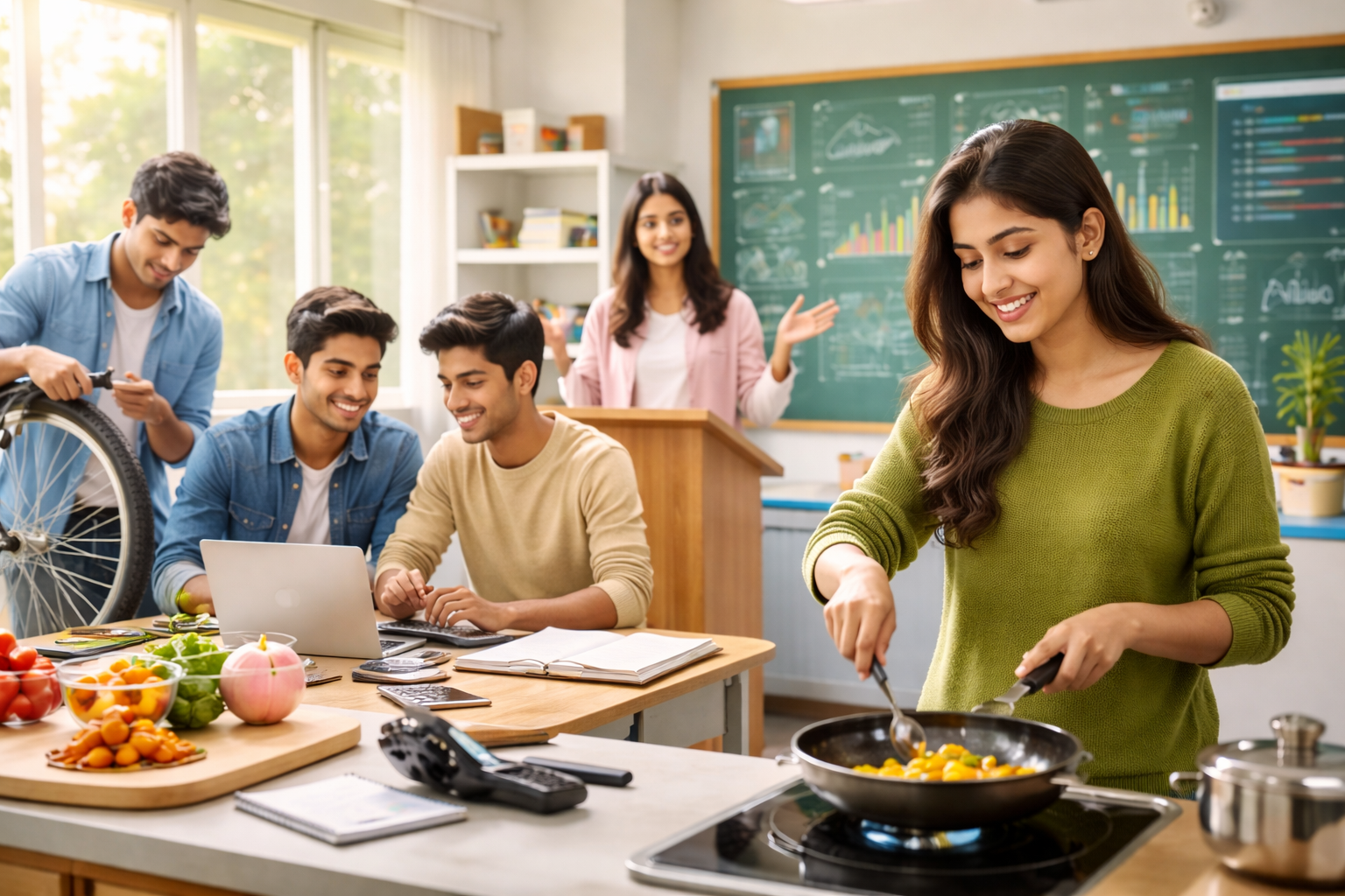 north indian students in a modern classroom learning practical life skills including cooking coding public speaking and basic repair work   dr krishna athal