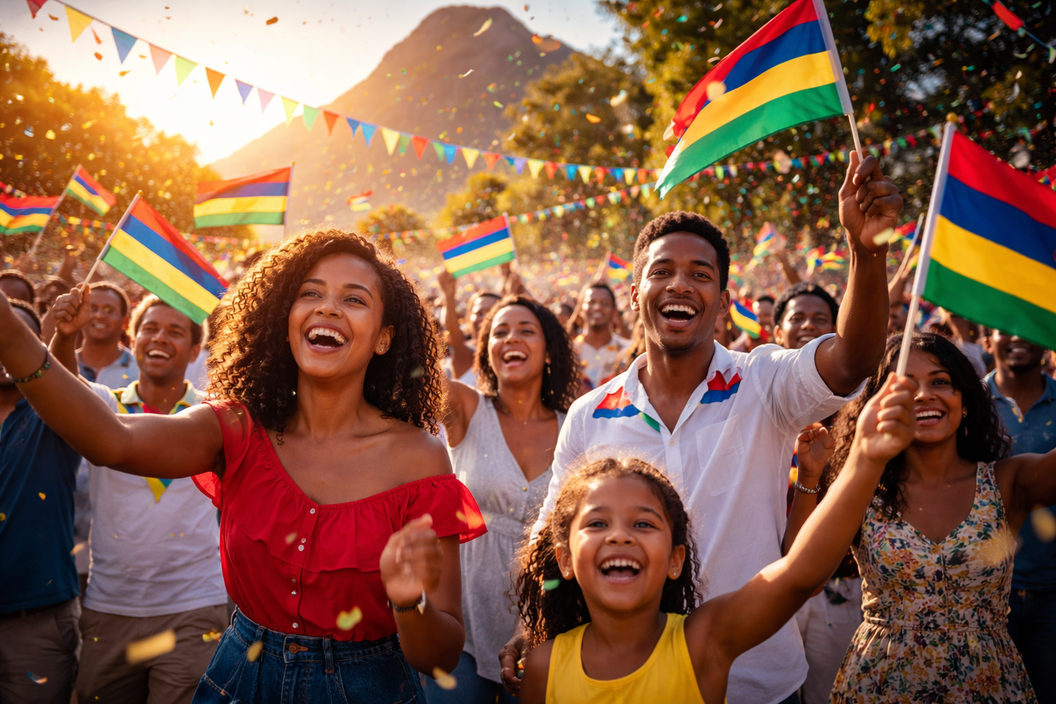 mauritians celebrating national day with flags joy and unity in a festive outdoor gathering beneath the mauritian sky   dr krishna athal