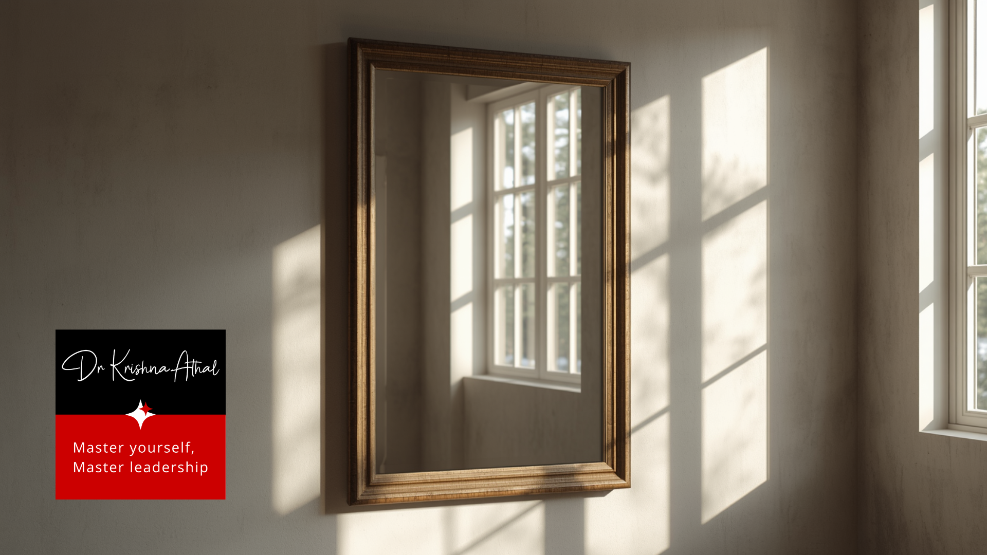 vintage framed mirror reflecting a sunlit window symbolising projection in life coaching and quiet self awareness   dr krishna athal