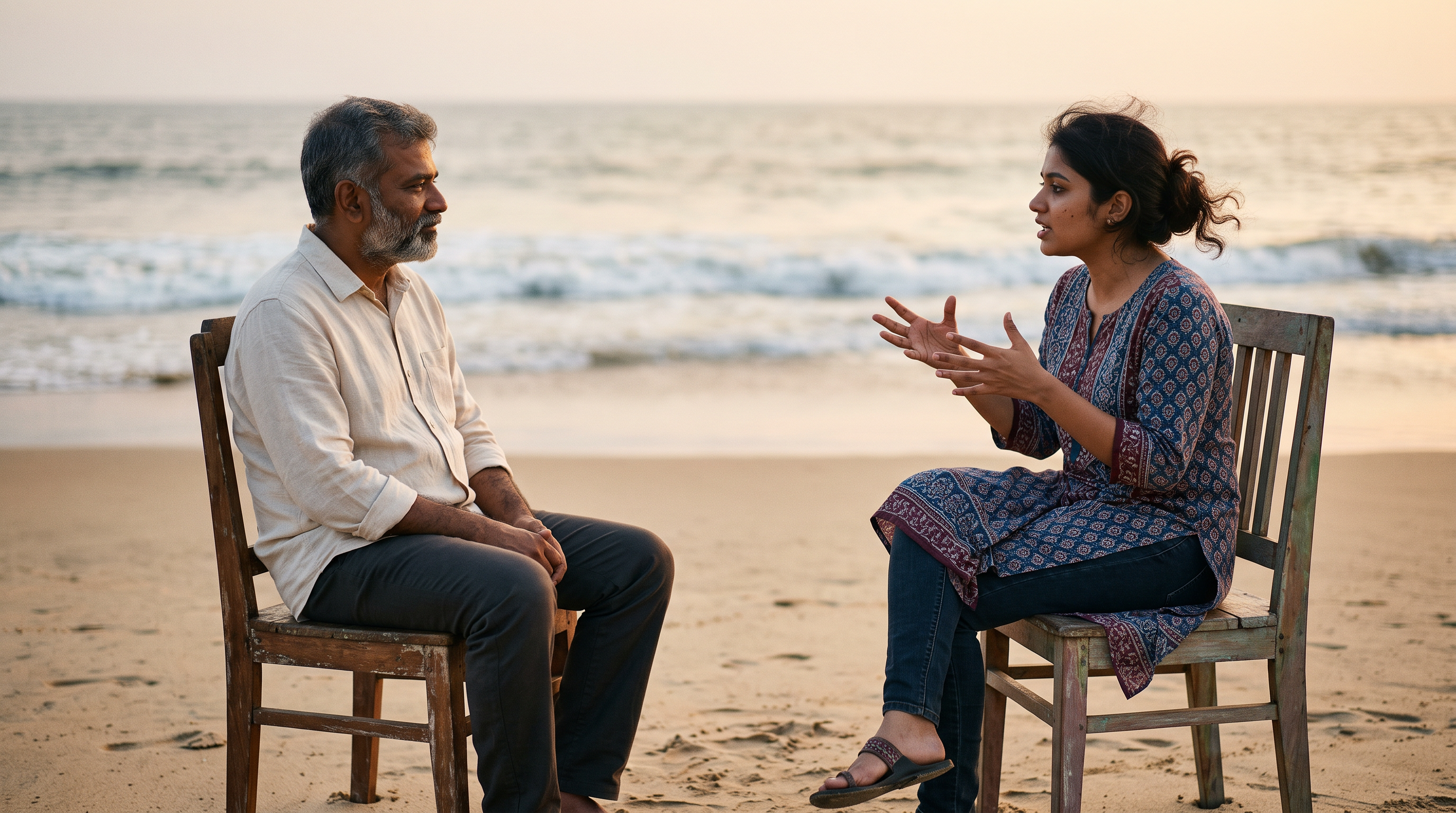 Coach and Indian woman in conversation on beach chairs at sunset, evoking lessons from Dear Zindagi for aspiring coaches