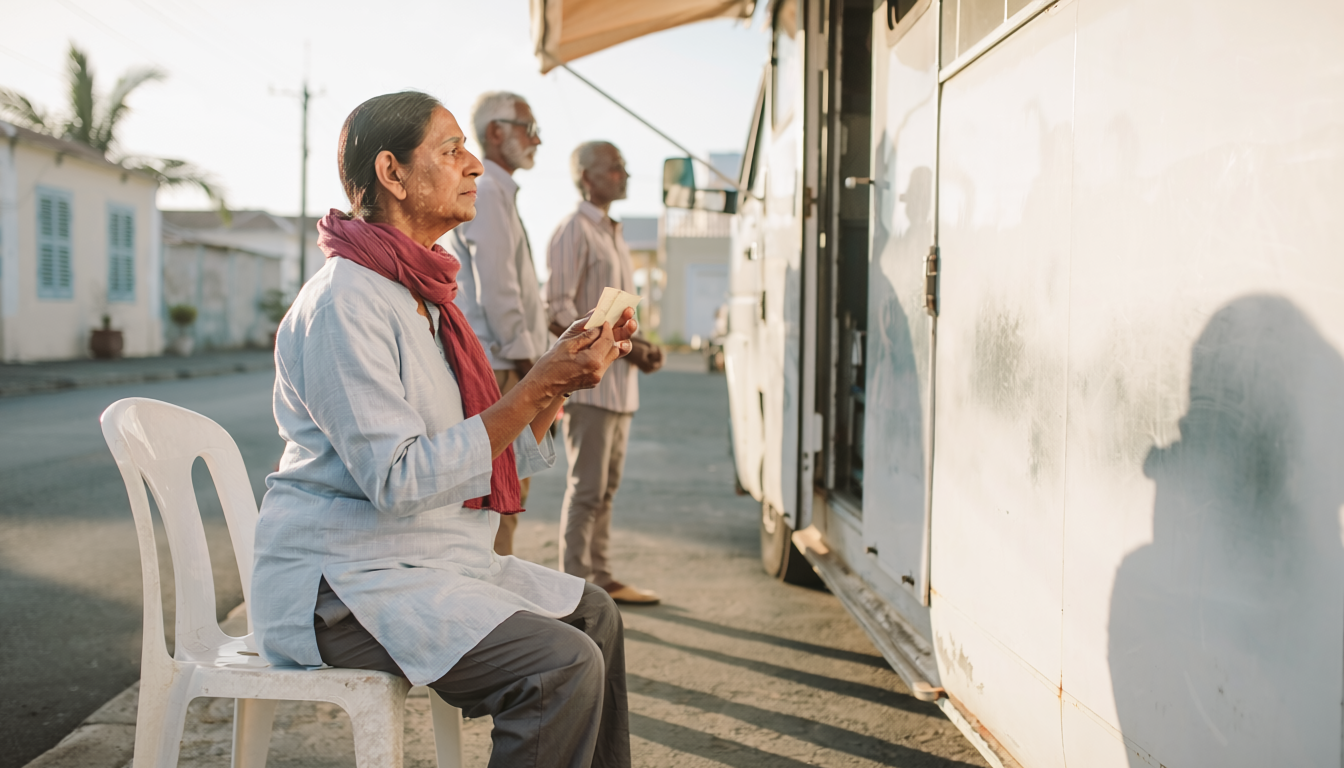 Woman waits alone outside a mobile cancer screening caravan in Mauritius, appointment slip folded in her hands
