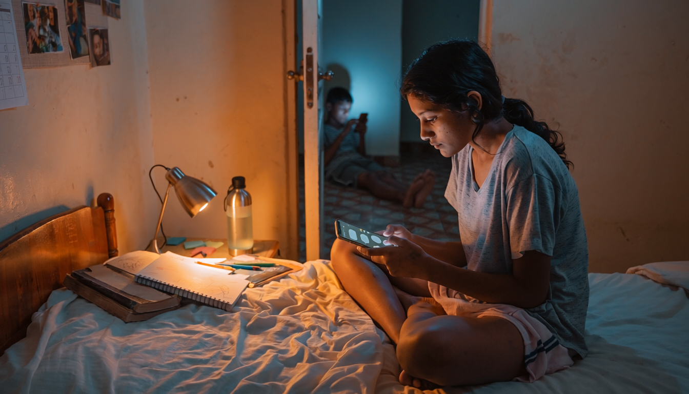 Indian teenage girl typing into a phone chat screen on her bed at night, younger brother lit by his phone in the corridor
