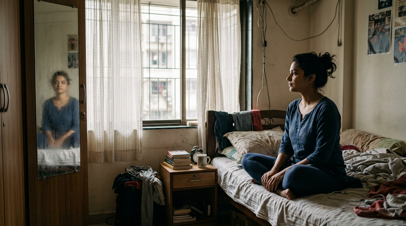 does body count matter what casual intimacy costs the self | dr krishna athal Woman sits cross legged on unmade bed in a cluttered room looking toward the window her reflection appears in a mirrored wardrobe door