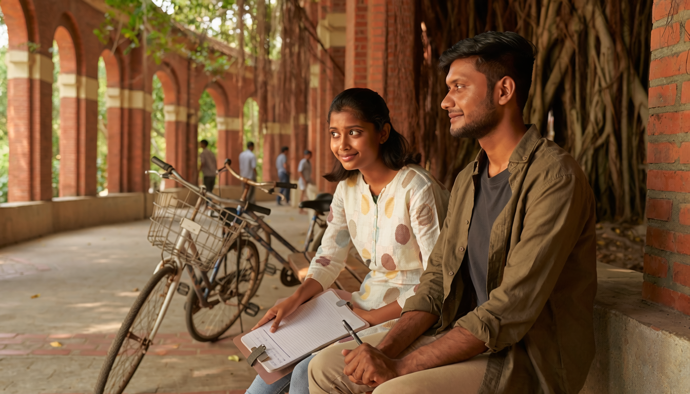 Young Indian couple sitting side by side under a brick archway, a quiet moment of wondering how to know if you love someone