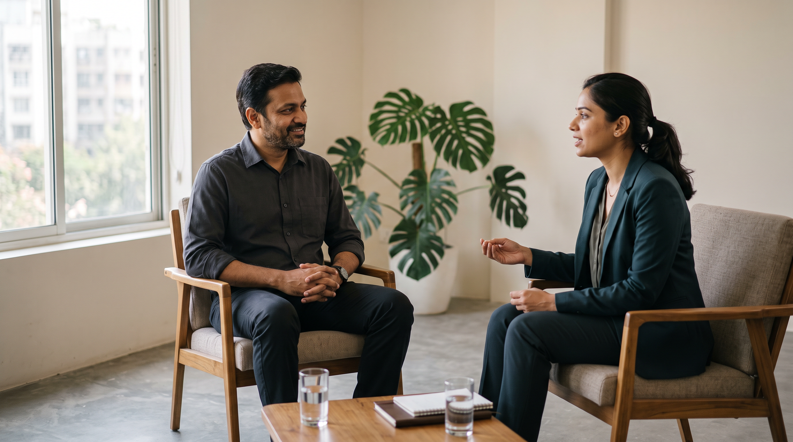 Indian coach practising detachment in coaching, listening calmly to a client during a one-to-one session in a bright office.