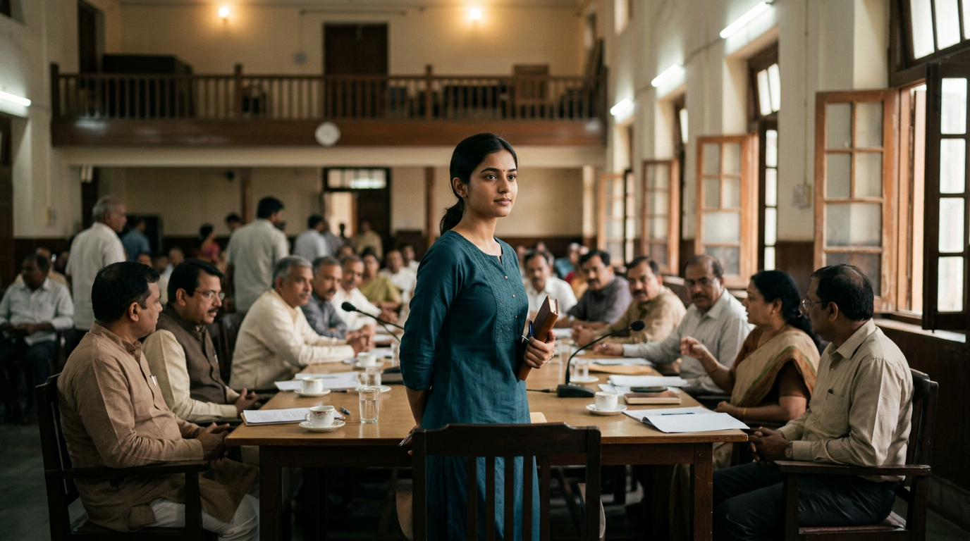 Young Indian woman standing behind an empty chair at a community meeting, symbolising International Youth Day 2026