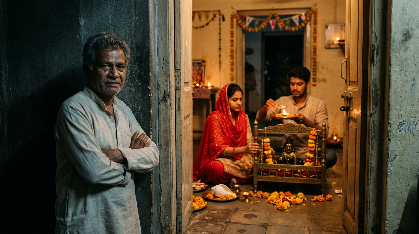 Older Indian man watches from a dark doorway as his family rocks a Krishna cradle at a midnight Janmashtami puja