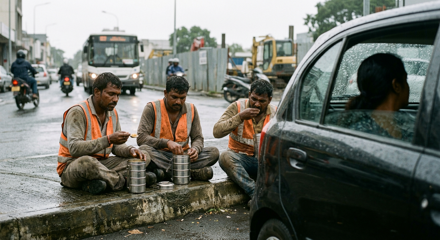 Migrant workers in Mauritius eating lunch from tiffin boxes on a wet pavement beside a construction site in the rain