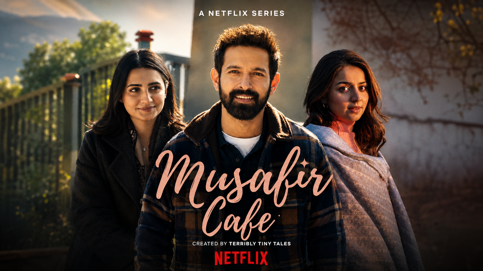 Musafir cafe netflix series poster showing chander flanked by sudha and preeti against a misty hill backdrop