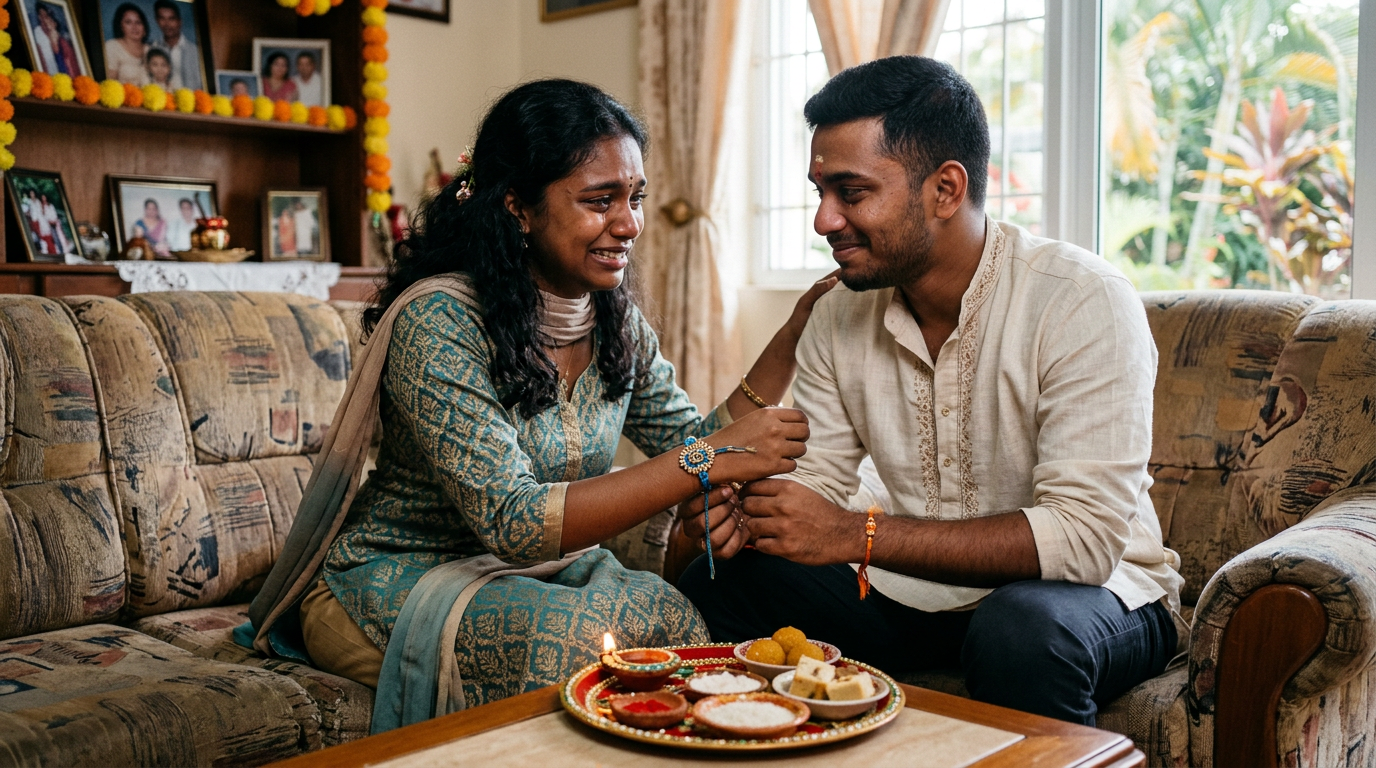 Young Indian man on a dawn train with a faded rakhi on his wrist and a new one arriving by courier, Raksha Bandhan in modern society