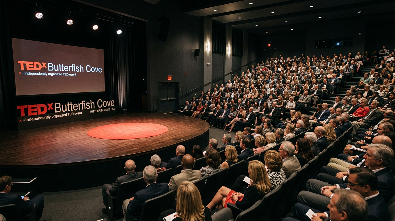 Empty TEDxButterfishCove stage with red circle before a full hall, setting for The Loneliness of Success talk