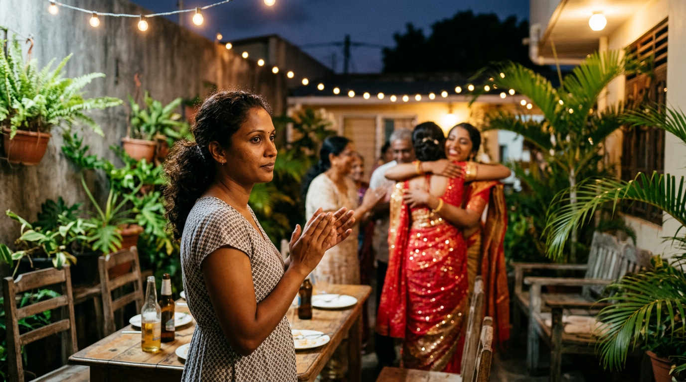 Woman claps quietly at a family celebration while her cousin is embraced, capturing the psychology of jealousy