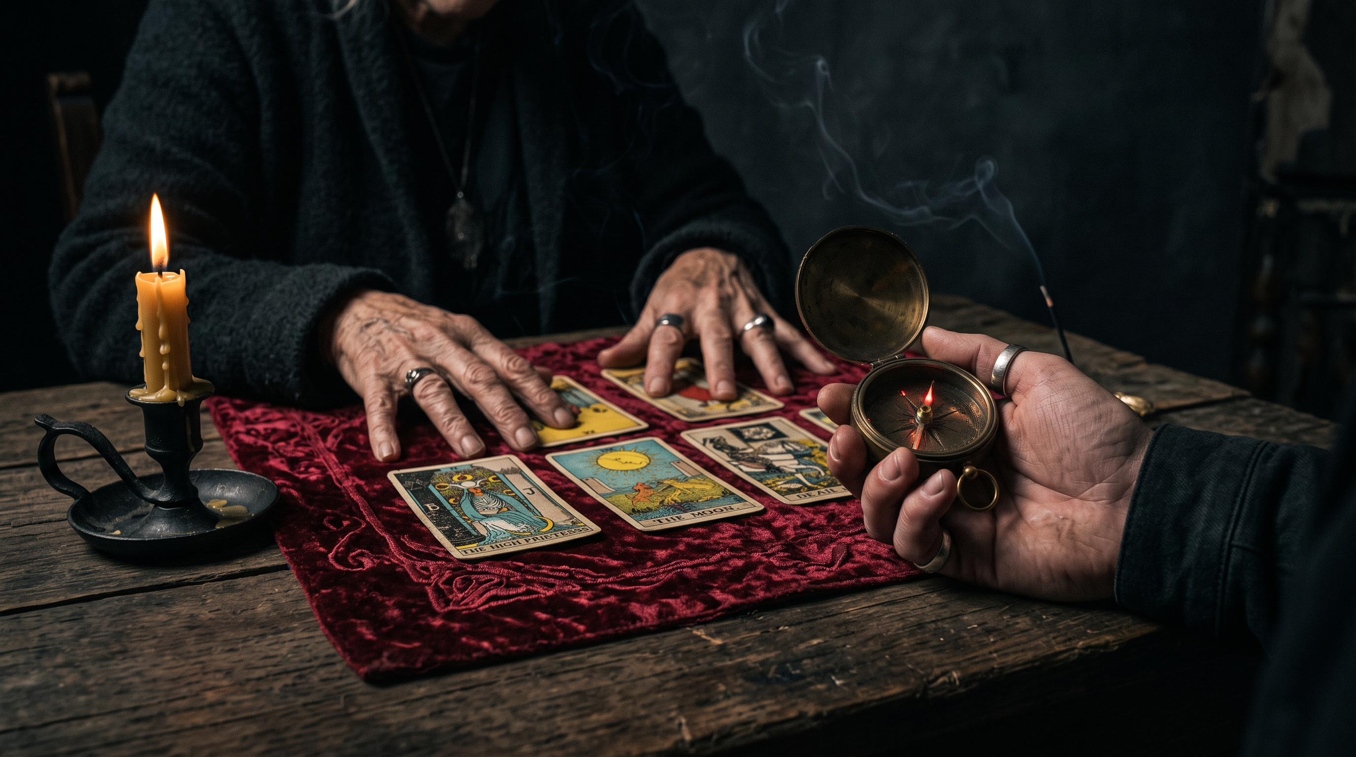 Fortune teller's hands over tarot cards while a client holds a glowing compass, illustrating the psychology of tarot reading