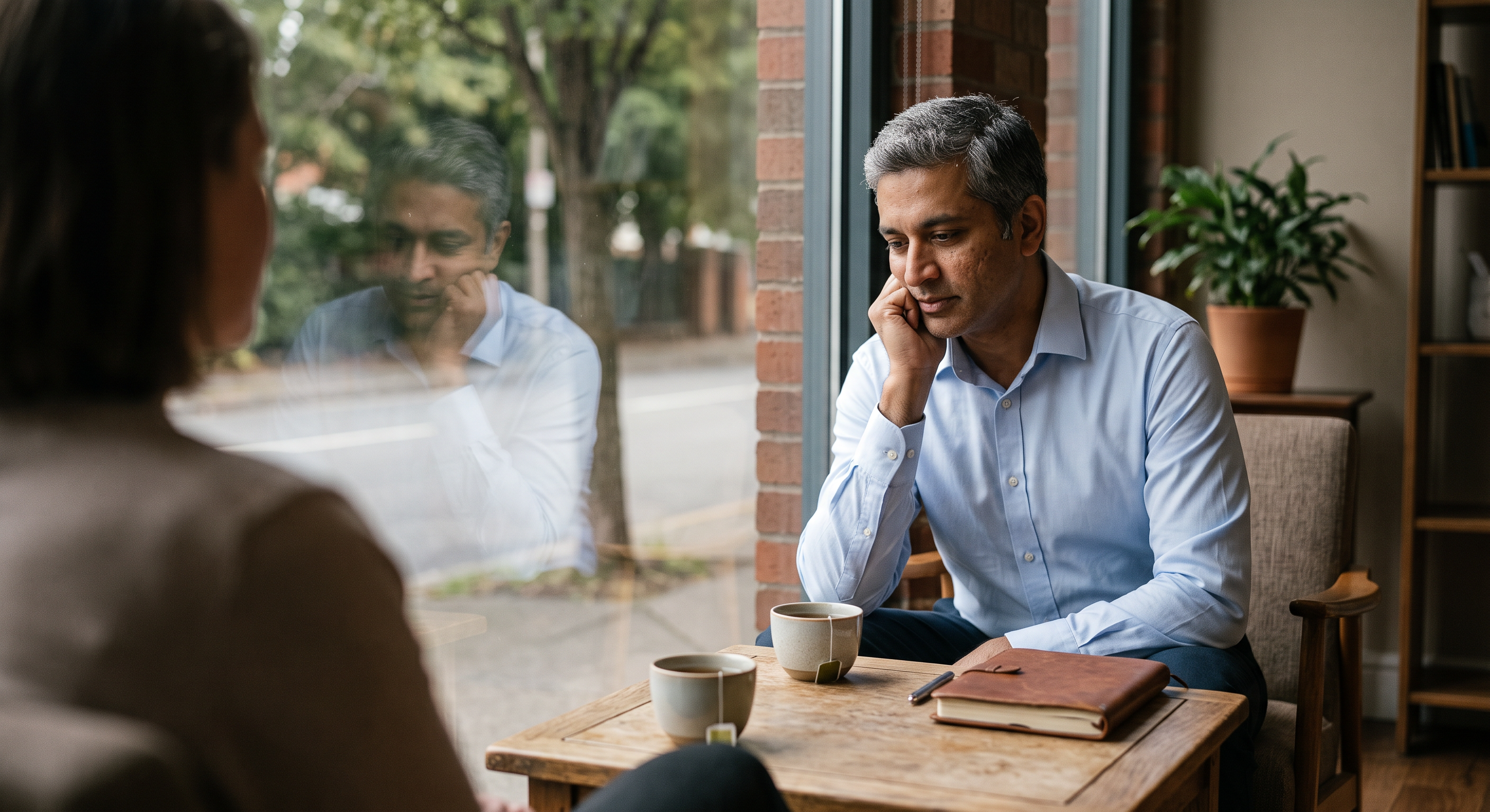 Indian businessman sees his reflection in the window during a meta coaching session in a calm coaching room