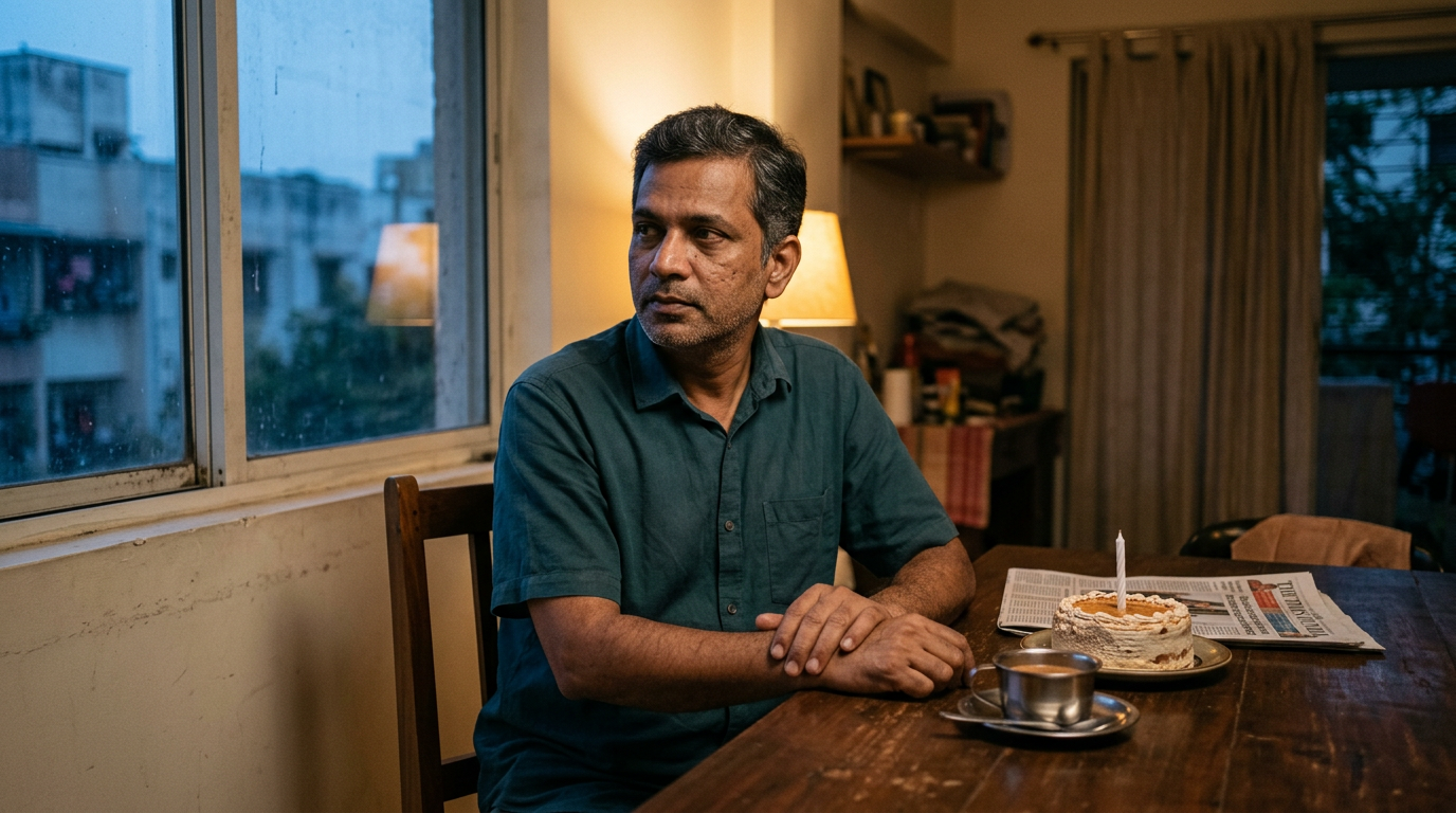 Middle-aged Indian man ignoring his birthday cake at dusk, capturing why men don't care about their birthdays
