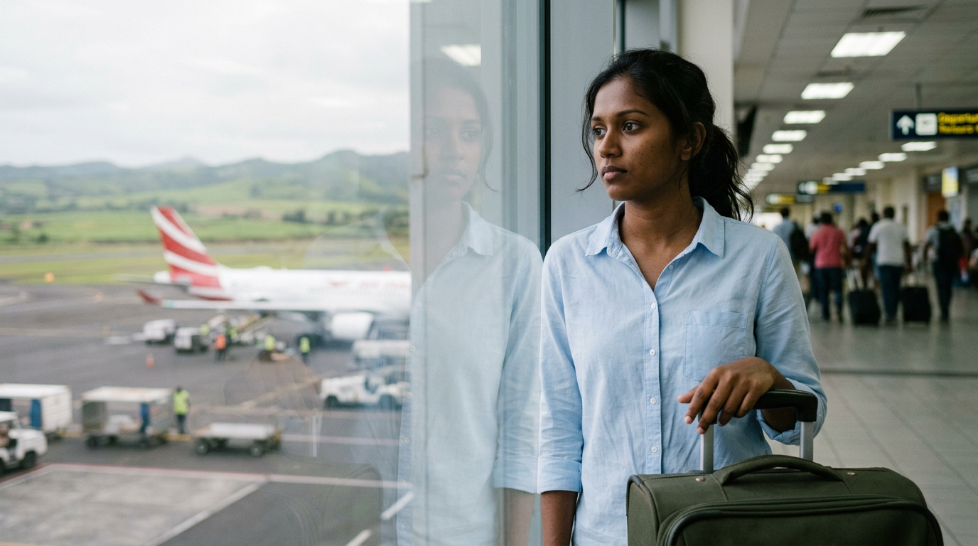 Young mauritian woman with a suitcase looks out of an airport window at a plane reflecting youth emigration in mauritius 