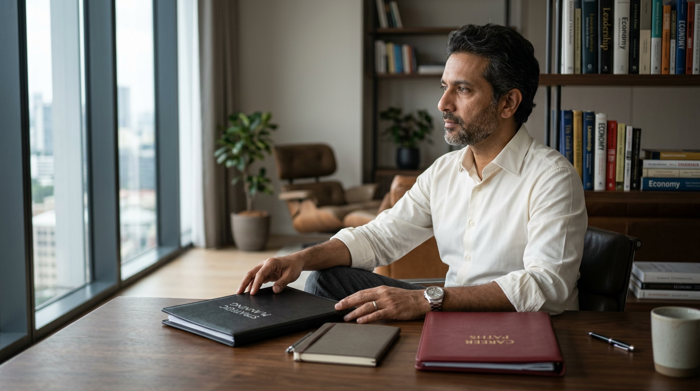 career coaching what it is how it works and who it helps | dr krishna athal Indian professional reflecting on career options at a quiet desk during a private moment