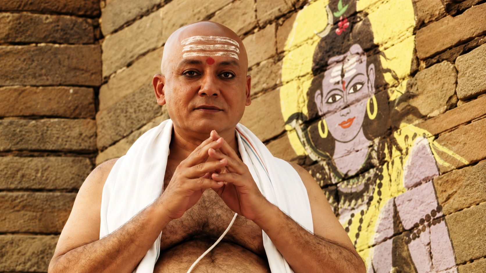 Pankaj kapur as pandit chaturvedi in the dharm movie hands folded before a shiva mural on a varanasi wall