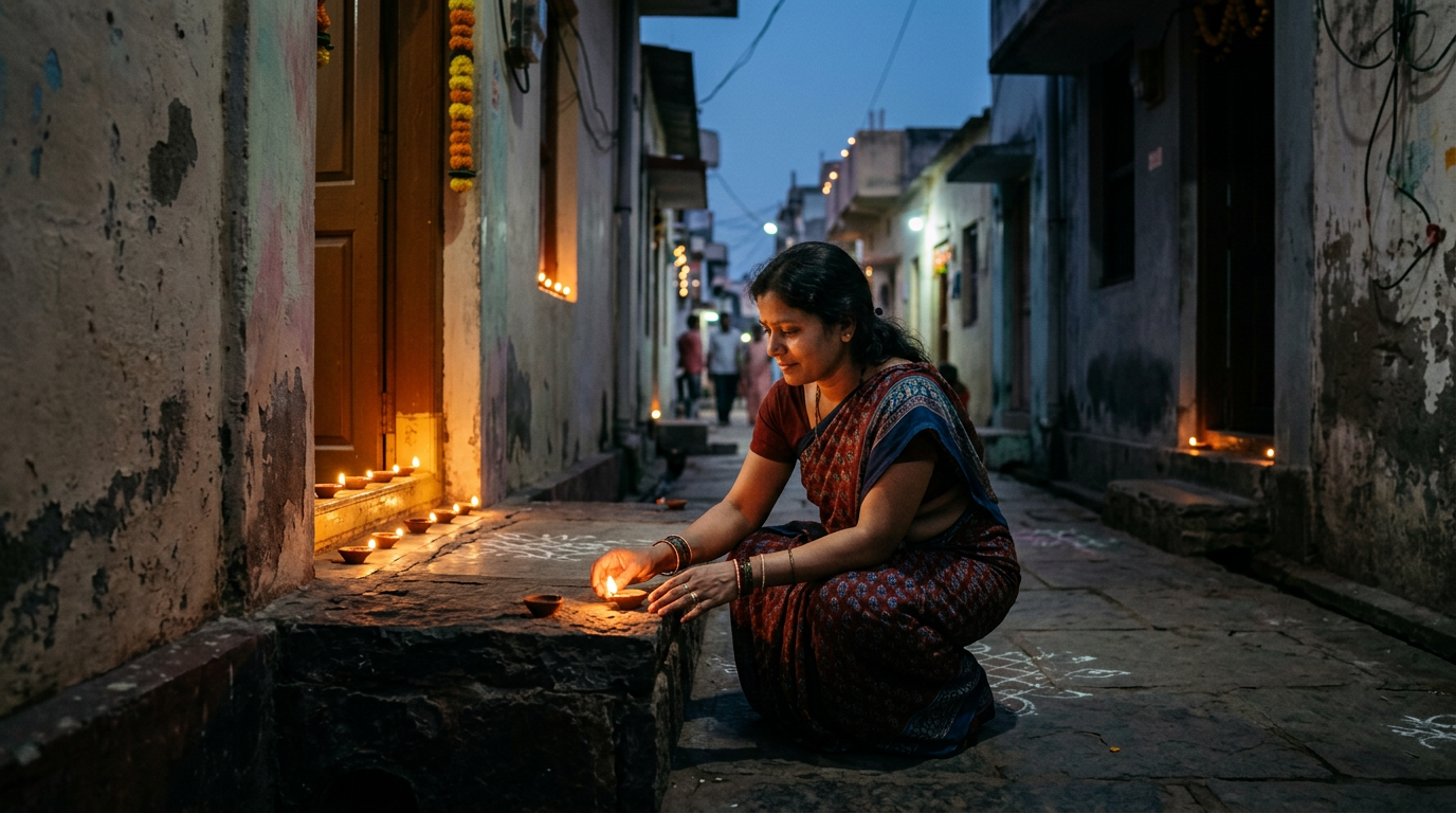 Indian woman placing a lit diya on a neighbours dark doorstep at dusk during diwali 2026