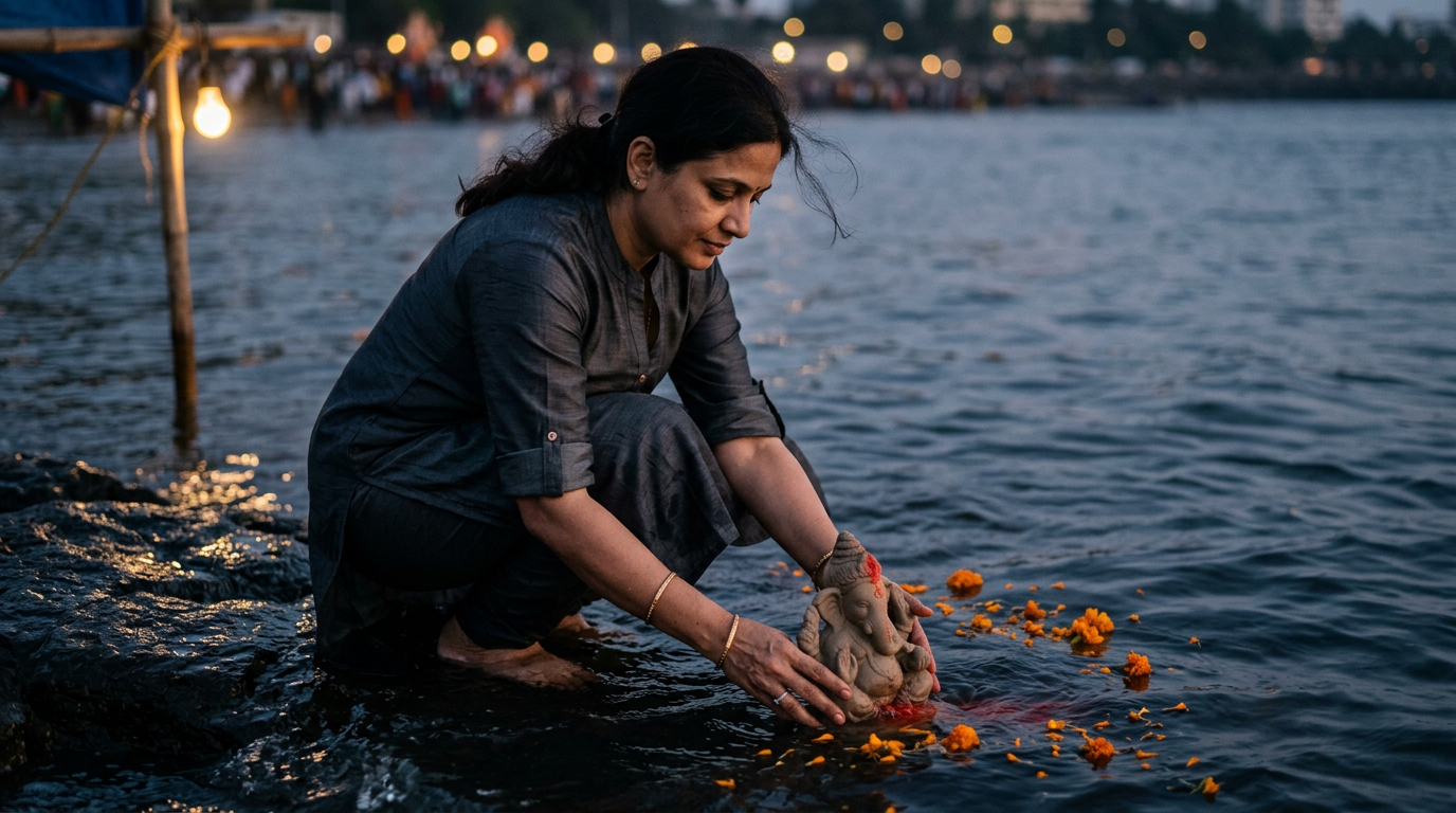 ganesh chaturthi 2026 the art of welcoming and letting go | dr krishna athal Indian woman lowering a small clay ganesha into the sea at dusk marigold petals drifting for ganesh chaturthi 2026