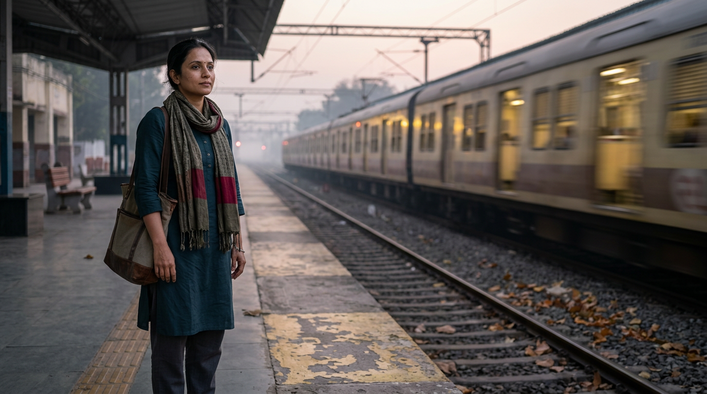 Indian woman pausing on a railway platform as a train departs weighing whether she needs a life coach