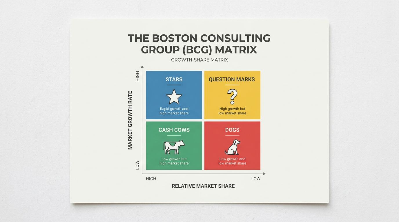 BCG Matrix showing Stars, Cash Cows, Question Marks and Dogs by market growth and relative market share