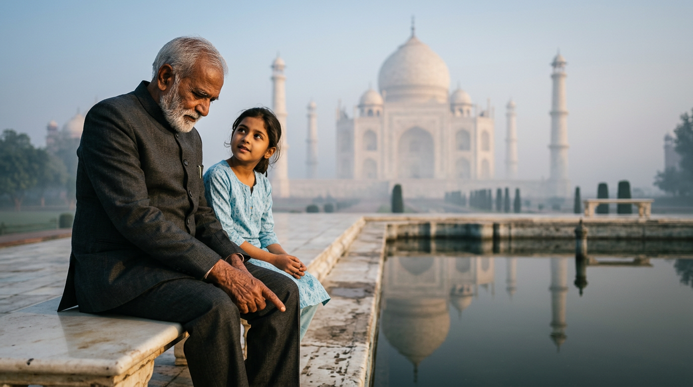 was taj mahal really built by shah jahan the evidence and why we doubt it | dr krishna athal Elderly indian man in a charcoal jacket points to the taj mahals reflection at dawn while a young girl beside him looks up