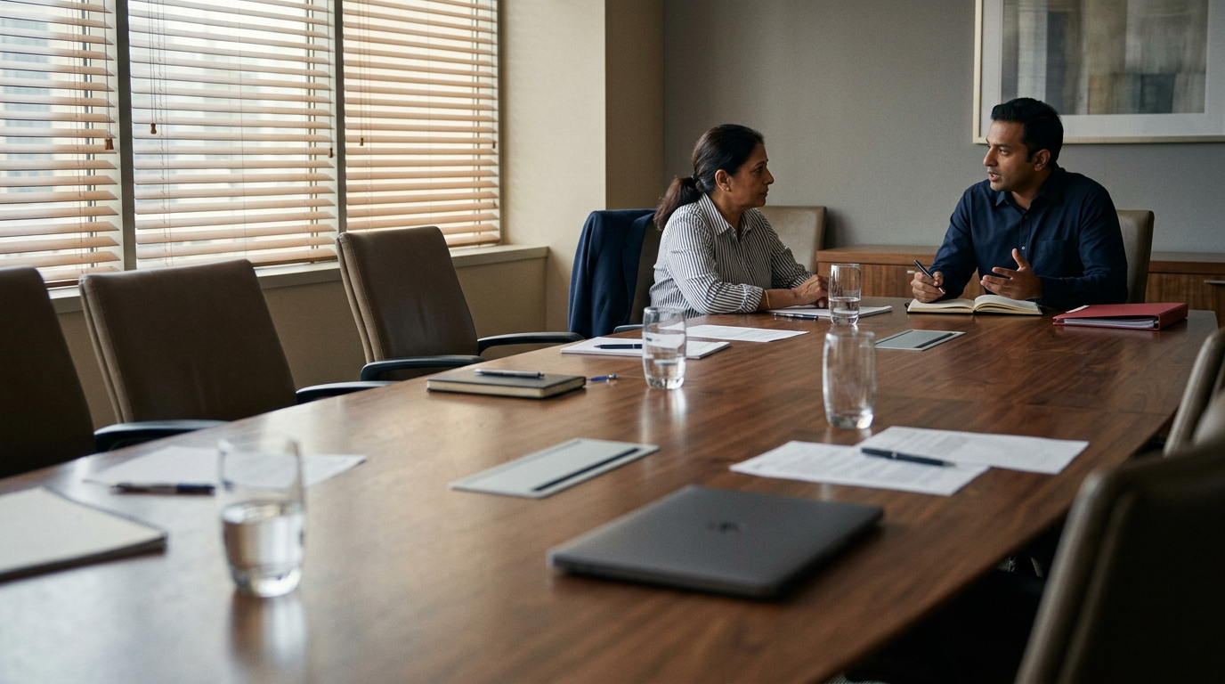 what does an executive coach do for senior leaders | dr krishna athal Senior indian woman leader talks with her executive coach at the corner of an empty boardroom table