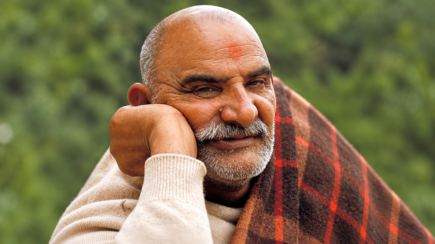 Who is neem karoli baba the smiling saint in a red and brown plaid blanket cheek resting on his hand green hills behind