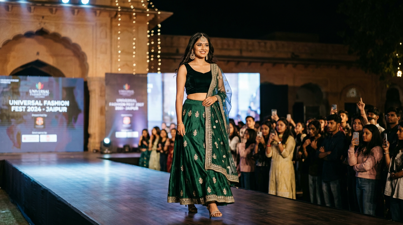 Indian student in Jaipur walks a night-time university fashion show ramp in a green lehenga: why young people choose modelling