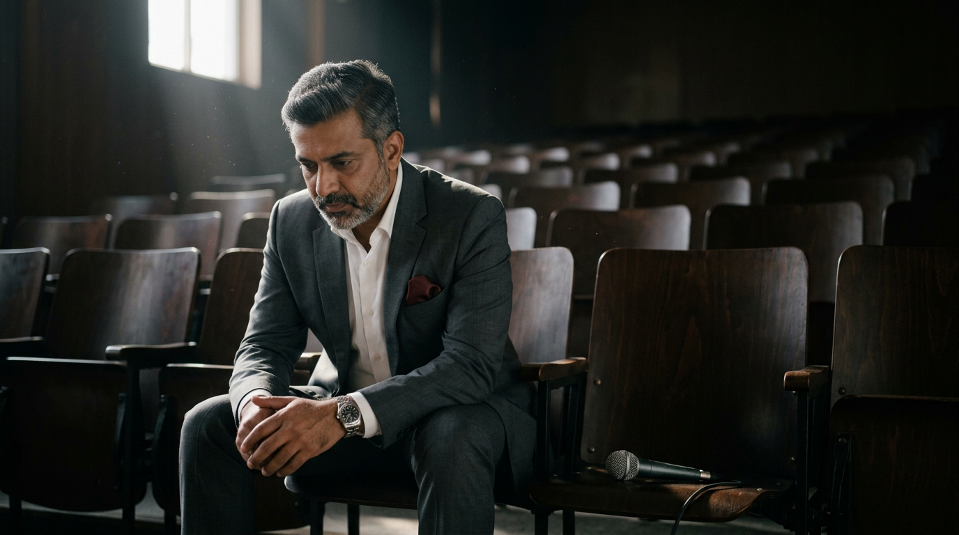 Indian executive sits alone in an empty auditorium beside a silent microphone reflecting on world mental health day 2026