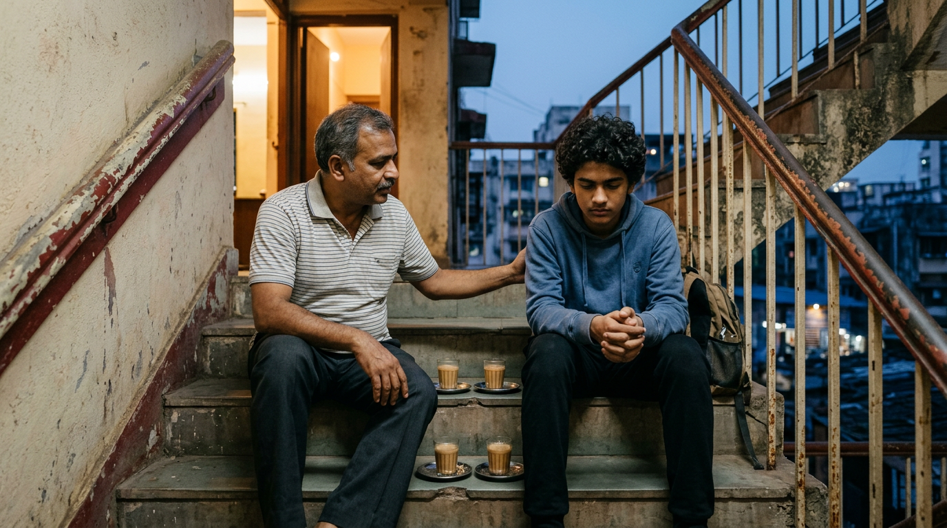 world suicide prevention day 2026 how to start the conversation | dr krishna athal Indian father and teenage son in quiet conversation on stairwell steps at dusk for world suicide prevention day